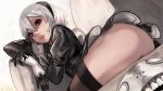  1girl ass brown_eyes death_is_13 derivative_work gloves hairband looking_at_viewer nier_(series) nier_automata short_hair skirt solo thighs white_hair yorha_no._2_type_b 