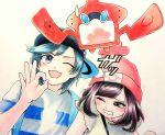  1boy 1girl ;3 ;d backpack bag bangs baseball_cap beanie black_eyes black_hair black_hat blush bob_cut eyelashes eyes_visible_through_hair female_protagonist_(pokemon_sm) floral_print handbag hat horizontal_stripes looking_at_another looking_to_the_side looking_up minapo moon_(pokemon) motion_lines ok_sign one_eye_closed open_mouth poke_ball_theme pokedex pokemon pokemon_(creature) pokemon_special red_hat rotom shirt short_hair short_sleeves sideways_hat simple_background smile strap striped striped_shirt sun_(pokemon) sweatdrop swept_bangs t-shirt traditional_media upper_body watercolor_(medium) white_background yellow_shirt 