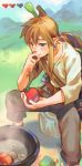  1boy apple blonde_hair blue_eyes cooking earrings eyebrows food fruit gameplay_mechanics health_bar highres jewelry link outdoors over_shoulder pointy_ears pot sidelocks sitting solo the_legend_of_zelda the_legend_of_zelda:_breath_of_the_wild thinking uzucake weapon weapon_over_shoulder 