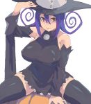  1girl bare_shoulders black_legwear blair breasts brown_eyes curly_hair detached_sleeves hat highres large_breasts light_smile long_hair minakami_(flyingman555) parted_lips purple_hair simple_background solo soul_eater spread_legs thigh-highs thighs white_background witch_hat 