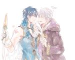  2boys alternate_costume animal_ears blue_eyes blue_hair blush cape fire_emblem fire_emblem:_kakusei fire_emblem_heroes gloves hood krom male_focus male_my_unit_(fire_emblem:_kakusei) multiple_boys my_unit_(fire_emblem:_kakusei) rabbit_ears s_upernova short_hair smile weapon white_hair yaoi 