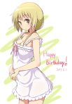  1girl :o blonde_hair blush breasts cleavage dated english eyebrows_visible_through_hair happy_birthday ichii_yui large_breasts looking_at_viewer medium_hair mel_(melty_pot) open_mouth pink_ribbon ribbon solo text yellow_eyes yuyushiki 