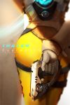  1girl 2016 ass bodysuit bomber_jacket brown_jacket character_name copyright_name cross-laced_clothes dated elbow_gloves from_behind gloves gun handgun holding holding_gun holding_weapon jacket leather leather_jacket orange_bodysuit overwatch pants pistol shan_zhui solo thighs tight tight_pants tracer_(overwatch) vambraces weapon white_gloves 
