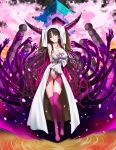  1girl absurdly_long_hair absurdres black_hair breasts cherry_blossoms cleavage erect_nipples fate/extra fate/extra_ccc fate_(series) full_body hair_ornament head_tilt highres hinomoto_madoka horns large_breasts long_hair looking_at_viewer outdoors purple_legwear purple_ribbon ribbon sesshouin_kiara smile solo standing tattoo thigh-highs very_long_hair yellow_eyes 
