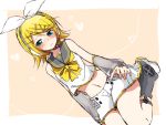  1girl arm_warmers bare_shoulders blonde_hair blush bow detached_sleeves dutch_angle embarrassed fortissimo full_body hair_bow hair_ornament hairclip headphones headset heart heart_background heart_of_string kagamine_rin kagamine_rin_(vocaloid4) kneeling leg_warmers midriff navel pink_background sailor_collar see-through shirt short_hair shorts sketch sleeveless sleeveless_shirt speaker sudachi_(calendar) v4x vocaloid 