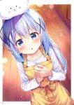  1girl :3 :o angora_rabbit animal animal_on_head apron bangs black_eyes blue_eyes blue_hair blurry blush blush_stickers bow chestnut_mouth collarbone colored_eyelashes depth_of_field dutch_angle eyebrows_visible_through_hair flying_sweatdrops from_above gochuumon_wa_usagi_desu_ka? hair_between_eyes hair_ornament hands_on_own_chest highres indoors kafuu_chino lens_flare long_hair long_sleeves looking_at_viewer looking_up on_head open_mouth own_hands_together rabbit rouka_(akatyann) shirt signature solid_circle_eyes solo tareme tippy_(gochiusa) upper_body white_shirt wooden_floor x_hair_ornament yellow_apron yellow_bow 