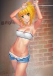  1girl absurdres arms_up bangs blonde_hair blue_shorts bound braid breasts cleavage commentary_request denim denim_shorts fate/apocrypha fate_(series) green_eyes grin groin hair_over_eyes highres kyoungi_nyang long_hair looking_at_viewer medium_breasts navel open_fly panties rope saber_of_red shibari short_hair short_shorts shorts smile solo standing sweat teeth underwear white_panties 