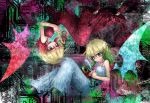  2girls :d artist_name bare_shoulders blonde_hair blue_dress character_request copyright_request detached_wings dress eyebrows_visible_through_hair gradient_hair green_eyes green_hair hair_between_eyes hands_together interlocked_fingers looking_at_viewer multicolored_hair multiple_girls open_mouth ray-k red_dress redhead rotational_symmetry signature sleeveless sleeveless_dress smile two-tone_hair violet_eyes wings 