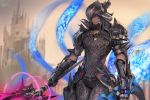  1boy armor au_ra blurry blurry_background city dragoon_(final_fantasy) final_fantasy final_fantasy_xiv highres horns looking_at_viewer momoko_(momopoco) scales signature solo violet_eyes weapon 