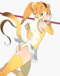  akinashi_yuu animal_ears ass bare_shoulders blonde_hair bracelet circlet commentary_request gloves golden_snub-nosed_monkey_(kemono_friends) high_ponytail holding holding_staff jewelry kemono_friends long_hair monkey_ears monkey_tail orange_hair ponytail skirt staff tail thigh-highs weapon 