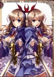  2girls alicia_(queen&#039;s_blade) bangs blue_eyes breasts brown_hair cape cleavage dress fingerless_gloves frills gloves hair_ribbon hairband highres large_breasts long_hair looking_at_viewer misaki_kurehito multiple_girls necktie official_art open_mouth queen&#039;s_blade queen&#039;s_blade_grimoire ribbon scan short_dress simple_background skirt smile sword weapon white_background 