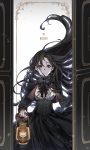  1girl artist_name black_bow black_bowtie black_hair black_skirt blue_eyes bow bowtie center_frills character_request copyright_request corset cropped_jacket enaa highres holding_lantern lace lantern long_hair long_sleeves opening_door parted_lips petals pin skirt solo 