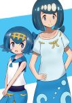  2girls absurdres blue_eyes blue_hair blue_sailor_collar hairband highres mature milf mother_and_daughter multiple_girls one-piece_swimsuit pokemon pokemon_(anime) pokemon_sm_(anime) short_hair sleeveless suiren&#039;s_mother_(pokemon) suiren_(pokemon) swimsuit swimsuit_under_clothes trial_captain 