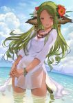  1girl animal_ears breasts clouds cowboy_shot dark_skin dress flower green_hair hair_flower hair_ornament hairclip interlocked_fingers jewelry long_hair looking_at_viewer nurumi open_mouth red_eyes see-through sky small_breasts smile solo tail water wet wet_clothes white_dress 