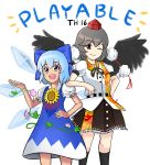  2girls :d ;) arm_on_shoulder black_hair black_legwear black_wings blue_dress blue_eyes blue_hair cirno dress eyebrows_visible_through_hair fairy_wings flower gradient_ray hat hidden_star_in_four_seasons highres ice ice_wings kneehighs leaf_print multiple_girls one_eye_closed open_mouth pom_pom_(clothes) puffy_short_sleeves puffy_sleeves red_eyes ribbon shameimaru_aya shirt short_hair short_sleeves skirt smile sunflower tan text tokin_hat touhou upper_body wings 