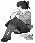  1girl bow character_request copyright_request elbow_on_knee enaa envelope frilled_shirt_collar frills frown hair_bow head_rest highres lace lace-trimmed_sleeves legs_together letter monochrome petticoat short_hair simple_background sitting skirt solo tears white_background 