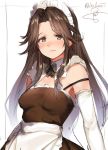  1girl alternate_costume apron bangs blush breasts brown_dress brown_eyes brown_hair detached_sleeves dress embarrassed enmaided hair_intakes isshiki_(ffmania7) jintsuu_(kantai_collection) kantai_collection long_hair looking_at_viewer maid medium_breasts parted_bangs sketch solo upper_body waist_apron 