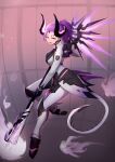  1girl alternate_costume bodysuit breasts dark_persona demon_horns facial_mark faulds forehead_mark full_body highres hitodama holding holding_staff horns imp_mercy lips lipstick lochris looking_at_viewer makeup mechanical_wings medium_breasts mercy_(overwatch) overwatch parted_lips patch ponytail purple_hair purple_wings solo staff violet_eyes wings 