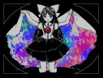  artist_request black_hair bow cape full_body greyscale hair_bow highres kneeling long_hair looking_at_viewer monochrome puffy_short_sleeves puffy_sleeves red_eyes reiuji_utsuho shirt short_sleeves spot_color third_eye touhou 