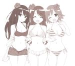  3girls :d ;d ^_^ bikini breasts cleavage closed_eyes cowboy_shot flower hair_flower hair_ornament halter_top halterneck hibiscus holding_arm honda_mio idolmaster idolmaster_cinderella_girls long_hair looking_at_viewer medium_breasts monochrome multiple_girls navel new_generations off_shoulder one_eye_closed one_side_up open_clothes open_fly open_mouth open_shirt peko polka_dot polka_dot_swimsuit shibuya_rin shimamura_uzuki shirt short_hair short_shorts shorts side-by-side side-tie_bikini smile string_bikini striped striped_bikini swimsuit thigh_gap unzipped 