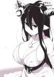  1girl antenna_hair bandage black_hair breasts cleavage danua doraf dress granblue_fantasy hair_between_eyes horn_ornament horns jewelry kichihachi large_breasts long_hair monochrome necklace pointy_ears solo 