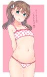  1girl :d aqua_eyes arms_behind_back bangs bare_shoulders blush border bra brown_hair collarbone cowboy_shot eyebrows_visible_through_hair flat_chest frilled_bra frilled_panties frills groin hair_ribbon heart legs_together long_hair looking_at_viewer navel nekoume open_mouth original panties pink_background polka_dot polka_dot_bra polka_dot_panties raised_eyebrows ribbon simple_background smile solo standing stomach tareme translation_request twintails underwear white_border white_ribbon 