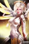  1girl artist_name blonde_hair blue_eyes blush bodysuit breasts gloves high_ponytail highres lacanishu large_breasts long_hair mechanical_halo mechanical_wings mercy_(overwatch) overwatch pantyhose ponytail short_hair solo spread_wings staff violet_eyes watermark web_address wings yellow_wings 