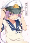  1girl akebono_(kantai_collection) bell commentary_request falling_petals flower gradient gradient_background hair_bell hair_between_eyes hair_flower hair_ornament hands_on_headwear hat kantai_collection long_hair military_hat peaked_cap petals pink_background purple_hair school_uniform serafuku shino_(ponjiyuusu) short_sleeves side_ponytail smile solo translated upper_body violet_eyes 