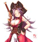  breasts cleavage closed_eyes cosplay fate/extra fate/grand_order fate_(series) gun hat highres jun&#039;you_(kantai_collection) kanon_(kurogane_knights) kantai_collection large_breasts pirate_costume pirate_hat purple_hair rider_(fate/extra) rider_(fate/extra)_(cosplay) sleeveless smile spiky_hair weapon wrist_cuffs 