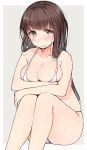  1girl bangs bikini blush breasts brown_eyes brown_hair cleavage collarbone curvy eyebrows_visible_through_hair grey_background large_breasts legs_together long_hair looking_at_viewer micro_bikini nekoume original parted_lips sitting solo swimsuit thighs two-tone_background white_background white_bikini 