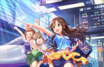  3girls artist_request bag bangs blue_sky blush breasts brown_eyes brown_hair closed_eyes clothes_around_waist green_eyes ground_vehicle hair_ornament hairclip himekawa_yuki hori_yuuko idolmaster idolmaster_cinderella_girls idolmaster_cinderella_girls_starlight_stage jewelry long_hair medium_breasts multiple_girls namba_emi navel necklace official_art open_mouth outstretched_arm ponytail shirt_around_waist short_hair skirt sky smile sweater_around_waist train train_station wavy_hair 