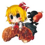  1girl ascot blonde_hair blush_stickers chamaji chewing chibi commentary_request eating food hair_ribbon hamburger_steak highres long_sleeves looking_at_viewer meat ribbon rumia shoes short_hair simple_background skirt skirt_set solo steam touhou vest white_background 