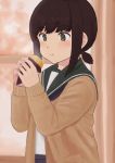  1girl :t bangs black_hair blurry blurry_background blush brown_hair cardigan closed_mouth commentary_request curtains eating eyebrows_visible_through_hair food fubuki_(kantai_collection) fuyube_gin_(huyube) green_eyes hair_tie holding holding_food kantai_collection long_sleeves low_ponytail open_cardigan open_clothes pocket ponytail revision school_uniform serafuku short_hair short_ponytail sidelocks solo standing sweet_potato tareme upper_body wrapper yakiimo 