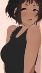  1girl bare_shoulders black_dress black_hair breasts dress highres medium_breasts open_mouth original pink_background red_eyes short_hair simple_background solo sticky_(stickysheep) sweat sweatdrop teeth upper_body 