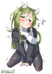  1girl animal_ears bangs between_legs black_legwear black_serafuku blush cat_ears cat_tail closed_mouth cowboy_shot crescent crescent_hair_ornament cropped_legs ebifurya eyebrows_visible_through_hair green_hair hair_between_eyes hair_ornament hand_between_legs highres kantai_collection kemonomimi_mode long_hair long_sleeves nagatsuki_(kantai_collection) necktie no_pants pantyhose parted_bangs school_uniform scratching_chin serafuku sidelocks simple_background solo_focus tail trembling twitter_username wavy_mouth white_background white_necktie 