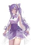 1girl a_(sofi3103) absurdres bangs breasts closed_mouth cone_hair_bun genshin_impact hair_between_eyes hair_bun highres keqing_(genshin_impact) long_hair looking_at_viewer purple_hair purple_skirt shirt simple_background skirt sleeveless sleeveless_shirt solo standing twintails violet_eyes white_background