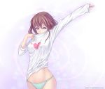  1girl arm_up artist_name atomix blue_panties brown_hair deviantart_username dressing green_panties midriff navel no_pants original panties polka_dot polka_dot_panties shirt skindentation solo t-shirt underwear violet_eyes watermark web_address white_shirt 