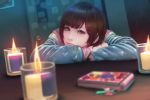  1girl blue_jacket brown_eyes brown_hair candle candlelight cellphone closed_mouth crossed_arms door flip_phone hair_ornament hairclip hood hooded_jacket indoors jacket kakotomirai let_it_die lips looking_at_viewer nose original phone solo table 