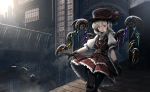 1girl belt black_gloves blonde_hair blouse building closed_mouth day flandre_scarlet fog gears gloves hat highres mecha outdoors pantyhose puffy_short_sleeves puffy_sleeves red_eyes red_skirt revision ryosios short_hair short_sleeves skirt smile solo steam steampunk top_hat touhou vest victorian white_blouse wings 