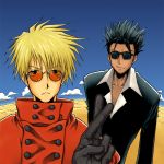  2boys alternate_hairstyle black_hair blonde_hair earrings gloves hama_matsumoto_matsuri jewelry male_focus multiple_boys nicholas_d_wolfwood sunglasses trigun vash_the_stampede 