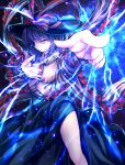  1girl bangs black_hat black_skirt bow capelet closed_mouth electricity frills hat hat_bow incoming_attack long_skirt looking_at_viewer nagae_iku pink_eyes pointing pointing_at_viewer purple_hair red_bow serious shaded_face shawl shirt short_hair skirt solo t.m_(aqua6233) touhou white_shirt 