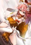  1girl animal_ears apron bell bell_collar breasts cleavage collar fate/grand_order fate_(series) fox_ears fox_tail hair_ribbon highres large_breasts long_hair looking_away naked_apron paws pink_hair ribbon solo tail tamamo_(fate)_(all) tamamo_cat_(fate) tongue tongue_out yashiro yellow_eyes 