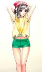 1girl alternate_eye_color armpits bangs bare_arms bare_legs beanie black_hair bob_cut cowboy_shot eyelashes female_protagonist_(pokemon_sm) fingernails floral_print green_shorts hand_on_head hat highres legs lips looking_away looking_to_the_side minapo moon_(pokemon) navel open_mouth pocket pokemon pokemon_special red_eyes red_hat shirt short_hair shorts simple_background solo standing swept_bangs t-shirt tank_top thigh_gap tied_shirt traditional_media undershirt watercolor_(medium) white_background white_shirt yellow_shirt 