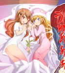  1boy 2girls ;d beckoning bed blanket blonde_hair blue_eyes brown_hair commentary_request crying elf fang hat heart long_hair multiple_girls mushi_gyouza one_eye_closed open_mouth orc original pajamas pillow pointy_ears red_eyes redhead revision shirt siblings sisters smile t-shirt 