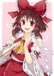  1girl :d ascot bangs blush bow brown_hair detached_sleeves gohei hair_bow hair_tubes hakurei_reimu highres long_hair looking_at_viewer monrooru open_mouth red_bow red_eyes red_skirt ribbon-trimmed_sleeves ribbon_trim shide sidelocks skirt skirt_set smile solo sparkle touhou vest 