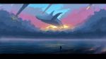  1boy clouds dog flying_whale highres luye_yuan meteor meteor_shower ocean original scenery shooting_star silhouette sketch sky whale 