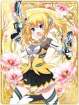  1girl angry armpits battle_girl_high_school blonde_hair blue_eyes breasts cleavage dual_wielding flower gloves gun hair_ornament handgun highres kougami_kanon long_hair medium_breasts musical_note_hair_ornament official_art open_mouth petals pistol pose skirt solo thigh-highs twintails weapon 
