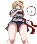  ... 1girl absurdres alice_margatroid amagi_(amagi626) ascot blonde_hair blouse blue_eyes blurry blush breasts cowboy_shot depth_of_field embarrassed foreshortening from_below hairband highres panties ribbon short_hair simple_background sketch solo spoken_ellipsis thighs touhou underwear upskirt white_background 