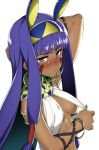  1girl arm_up bare_shoulders blush bracelet breasts dark_skin earrings egyptian egyptian_clothes facial_mark fate/grand_order fate_(series) full-face_blush hairband hoop_earrings hyouju_issei jewelry long_hair looking_at_viewer medium_breasts nitocris_(fate/grand_order) purple_hair shiny shiny_hair shiny_skin sideboob solo upper_body very_long_hair violet_eyes 