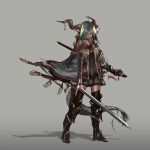  1girl absurdres black_boots black_legwear boots deel_(rkeg) green_eyes green_hair hair_over_one_eye highres holding holding_sword holding_weapon horns long_hair looking_at_viewer original solo sword thigh-highs weapon 